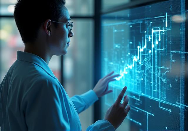 Data scientist analyzing predictive trends on a clean holographic interface